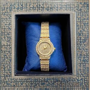 Women designer look rhinestone Gold bangle cuff fashion dressy watch